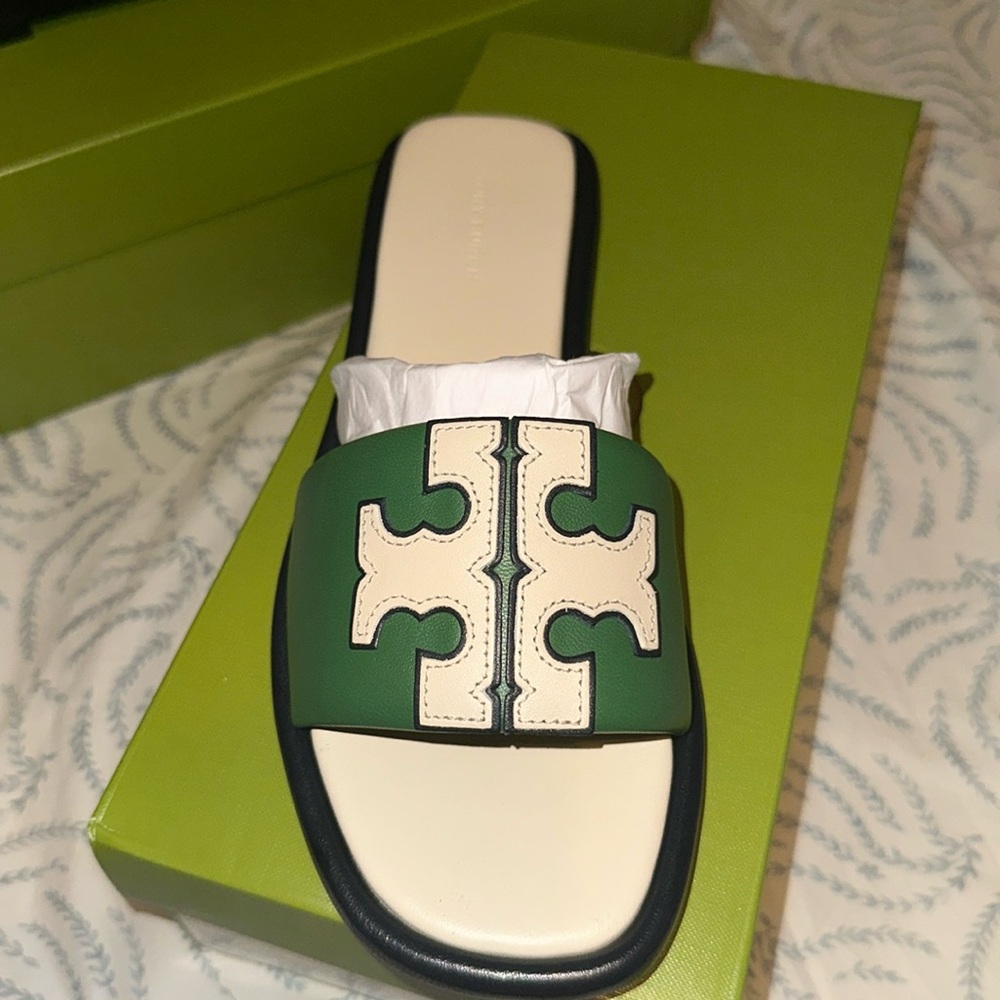 Tory Burch double T sport slide / cream and green